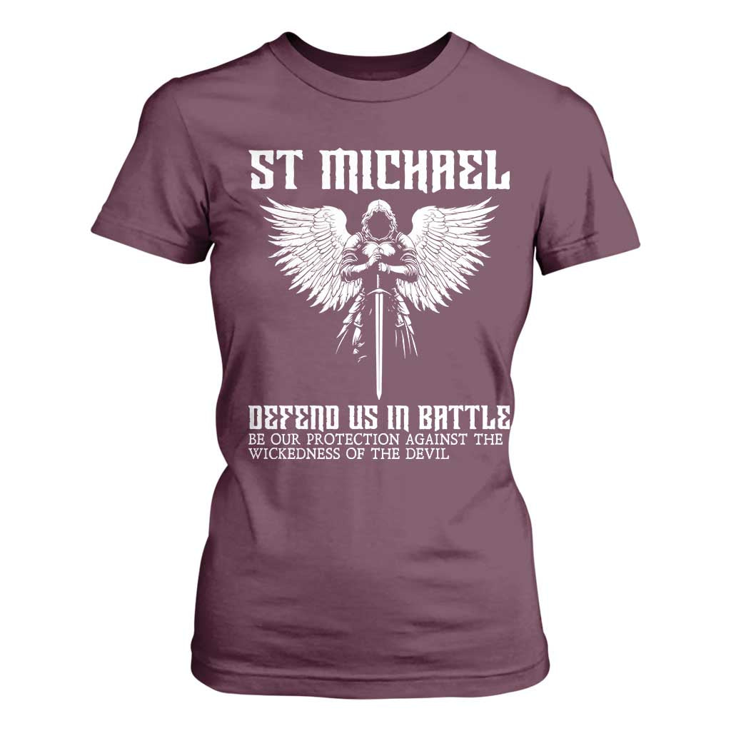 Saint Michael Defend Us In Battle T Shirt For Women Christian Faith Gift TS12 Maroon Print Your Wear