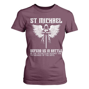 Saint Michael Defend Us In Battle T Shirt For Women Christian Faith Gift TS12 Maroon Print Your Wear