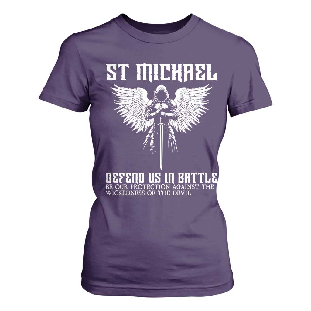 Saint Michael Defend Us In Battle T Shirt For Women Christian Faith Gift TS12 Purple Print Your Wear