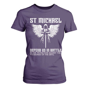 Saint Michael Defend Us In Battle T Shirt For Women Christian Faith Gift TS12 Purple Print Your Wear