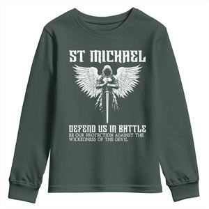 Saint Michael Defend Us In Battle Youth Sweatshirt Christian Faith Gift TS12 Dark Forest Green Print Your Wear