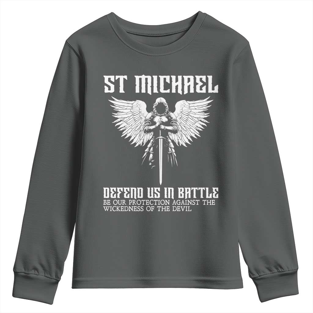 Saint Michael Defend Us In Battle Youth Sweatshirt Christian Faith Gift TS12 Dark Heather Print Your Wear