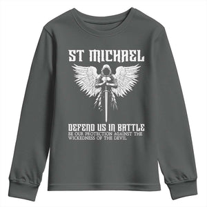 Saint Michael Defend Us In Battle Youth Sweatshirt Christian Faith Gift TS12 Dark Heather Print Your Wear