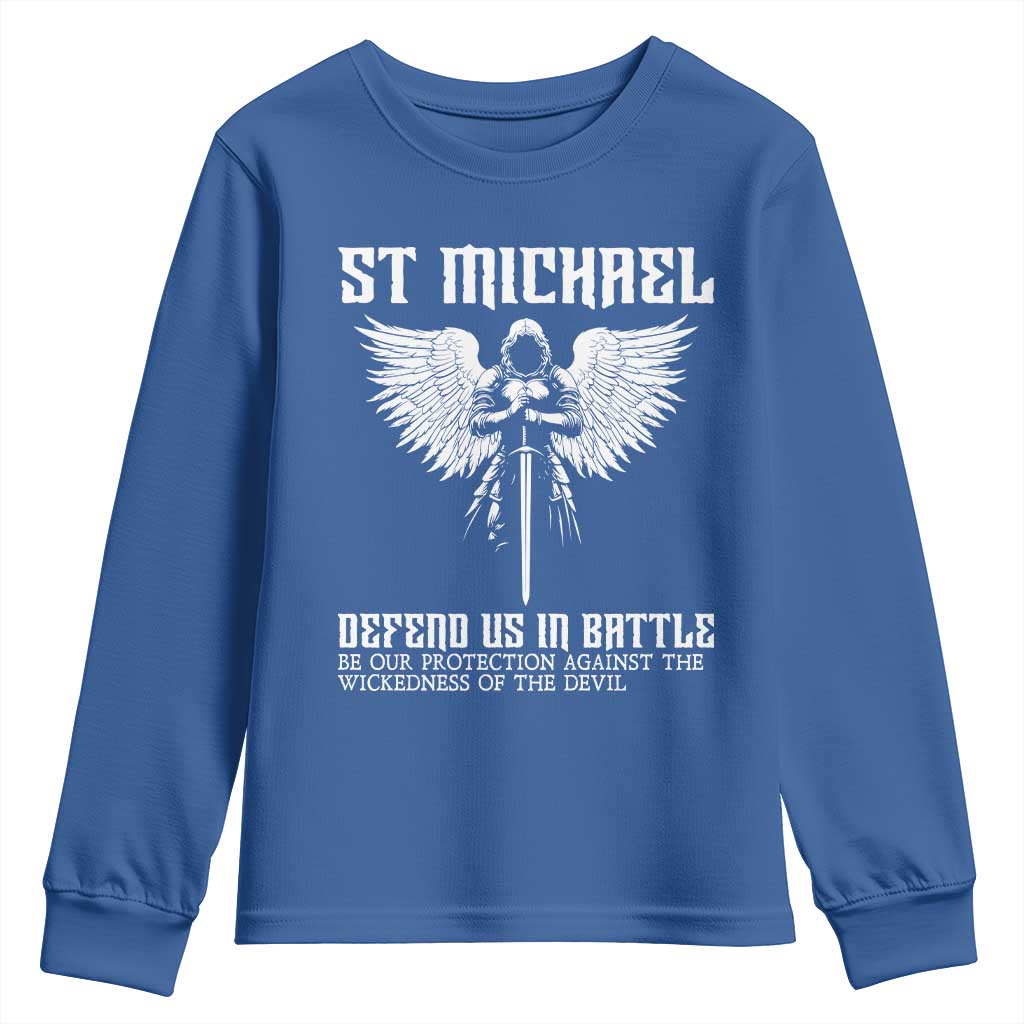 Saint Michael Defend Us In Battle Youth Sweatshirt Christian Faith Gift TS12 Royal Blue Print Your Wear