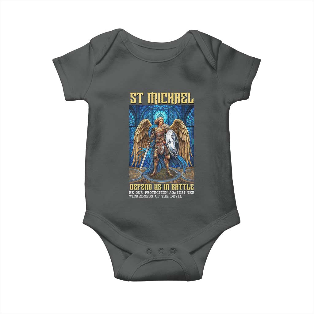 Saint Michael Prayer Defend Us In Battle Baby Onesie Religious Gift TS12 Dark Heather Print Your Wear