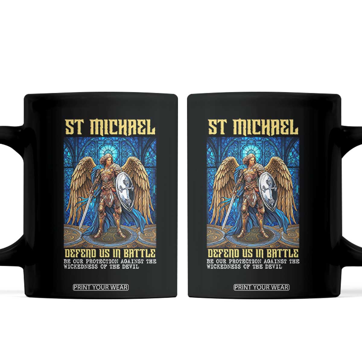 Saint Michael Prayer Defend Us In Battle Coffee Mug Religious Gift TS12 Black Print Your Wear