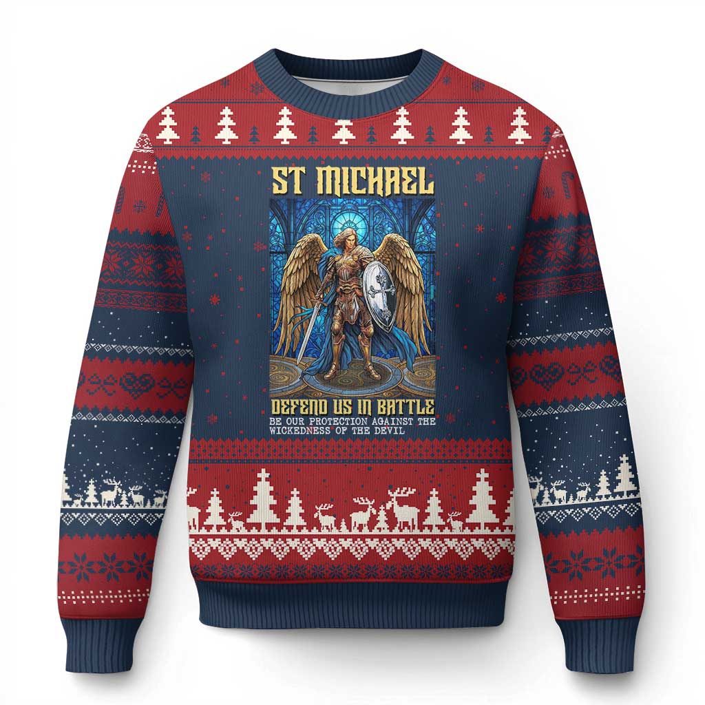 Saint Michael Prayer Defend Us In Battle Ugly Christmas Sweater Religious Gift TS12 Navy Red Print Your Wear
