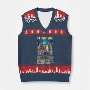 Saint Michael Prayer Defend Us In Battle V-Neck Knit Sweater Vest Religious Gift TS12 Navy Red Print Your Wear
