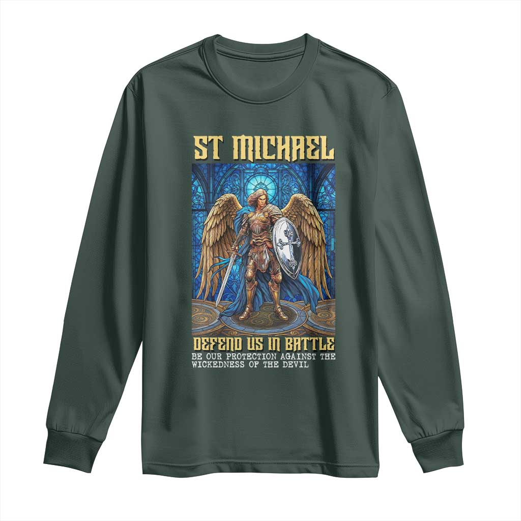 Saint Michael Prayer Defend Us In Battle Long Sleeve Shirt Religious Gift TS12 Dark Forest Green Print Your Wear