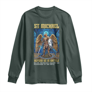 Saint Michael Prayer Defend Us In Battle Long Sleeve Shirt Religious Gift TS12 Dark Forest Green Print Your Wear
