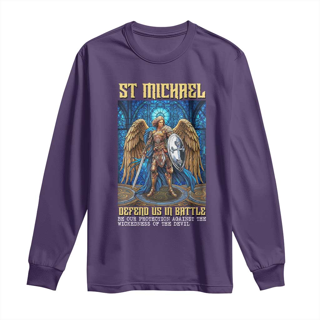 Saint Michael Prayer Defend Us In Battle Long Sleeve Shirt Religious Gift TS12 Purple Print Your Wear