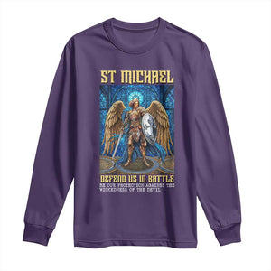 Saint Michael Prayer Defend Us In Battle Long Sleeve Shirt Religious Gift TS12 Purple Print Your Wear