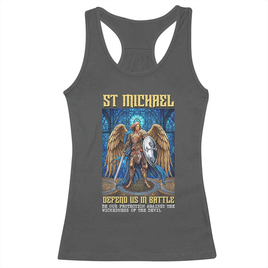 Saint Michael Prayer Defend Us In Battle Racerback Tank Top Religious Gift TS12 Dark Heather Print Your Wear