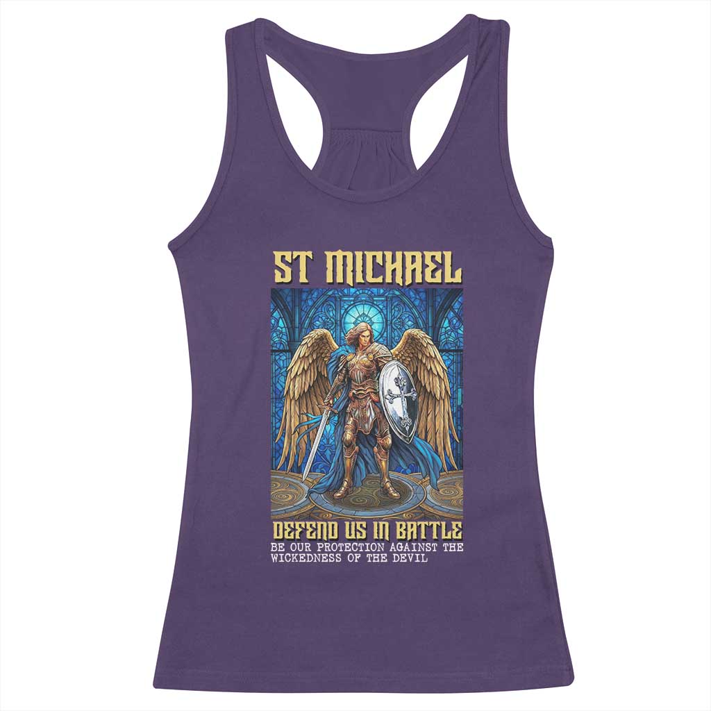 Saint Michael Prayer Defend Us In Battle Racerback Tank Top Religious Gift TS12 Purple Print Your Wear
