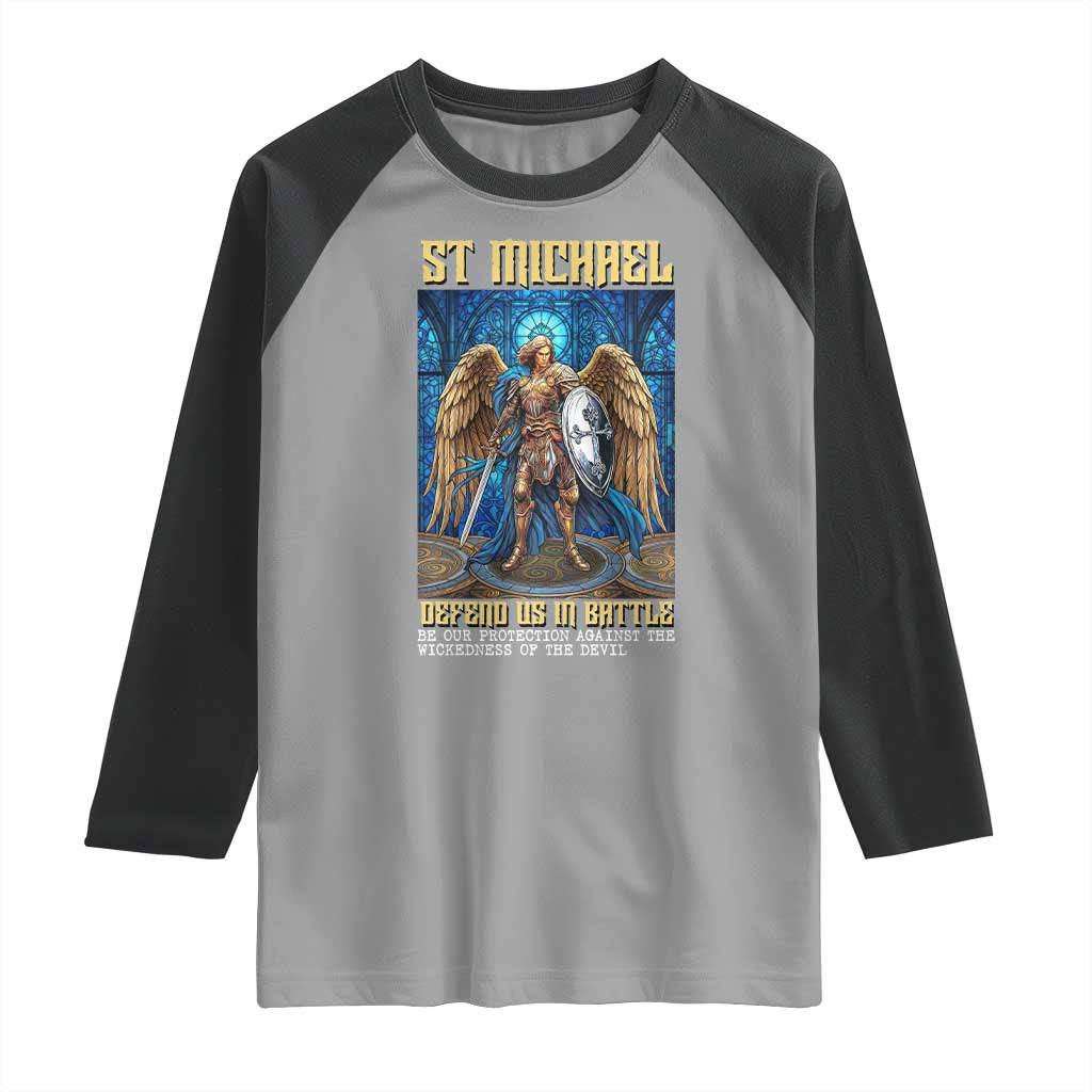 Saint Michael Prayer Defend Us In Battle Raglan Shirt Religious Gift TS12 Sport Gray Black Print Your Wear