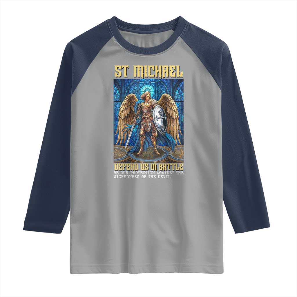 Saint Michael Prayer Defend Us In Battle Raglan Shirt Religious Gift TS12 Sport Gray Navy Print Your Wear