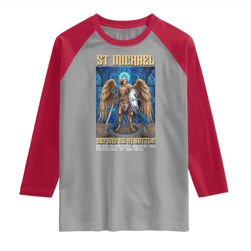 Saint Michael Prayer Defend Us In Battle Raglan Shirt Religious Gift TS12 Sport Gray Red Print Your Wear