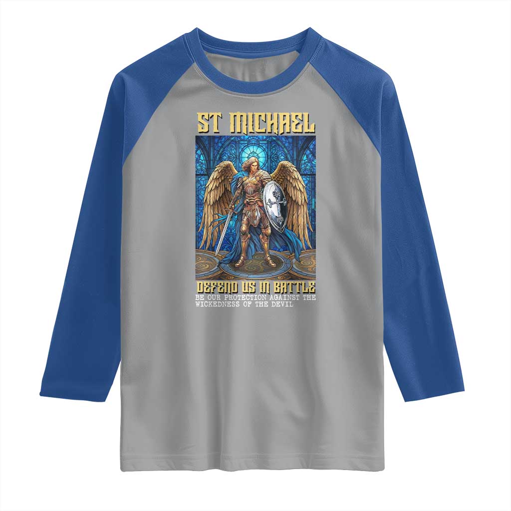 Saint Michael Prayer Defend Us In Battle Raglan Shirt Religious Gift TS12 Sport Gray Royal Print Your Wear