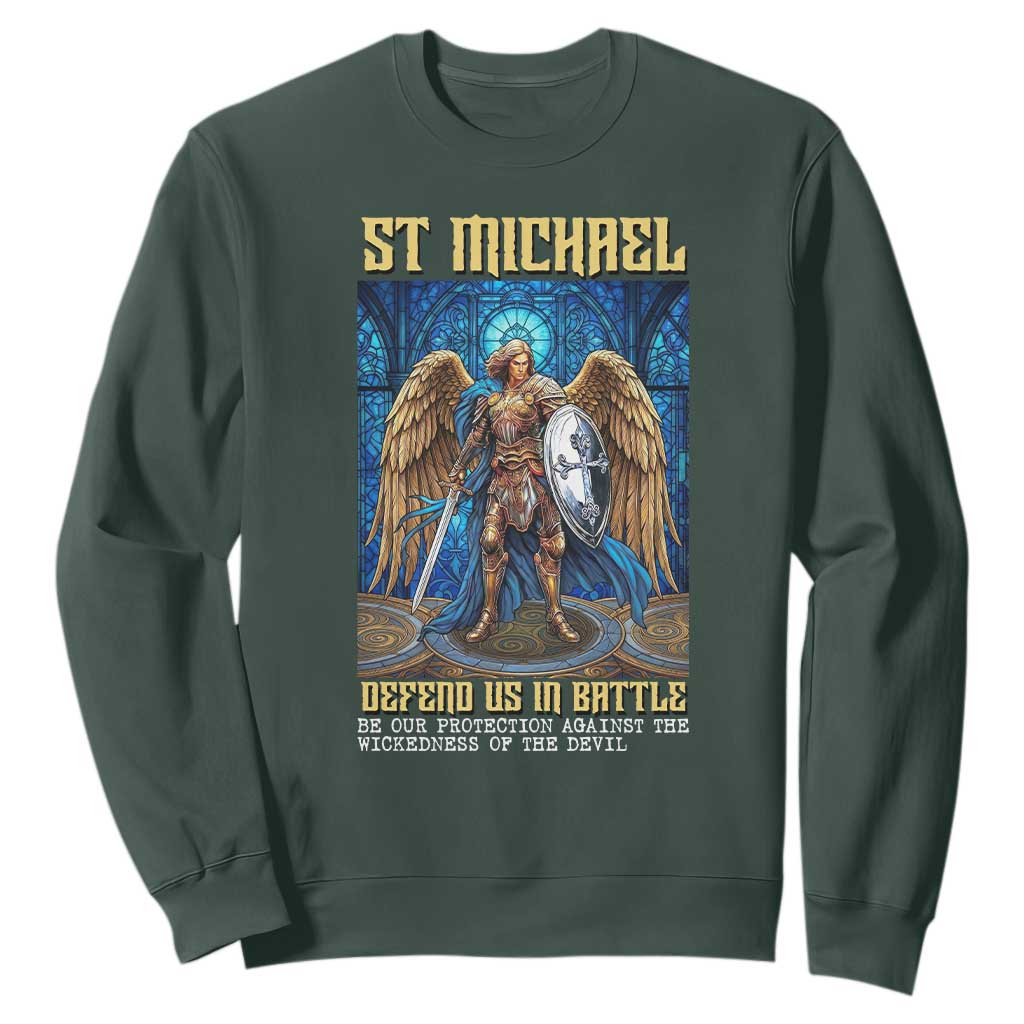 Saint Michael Prayer Defend Us In Battle Sweatshirt Religious Gift TS12 Dark Forest Green Print Your Wear