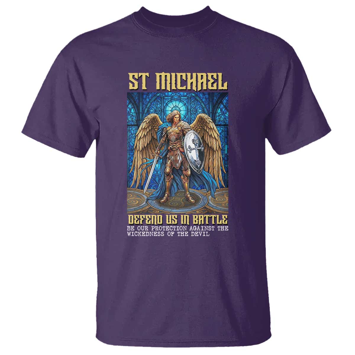 Saint Michael Prayer Defend Us In Battle T Shirt Religious Gift TS12 Purple Print Your Wear