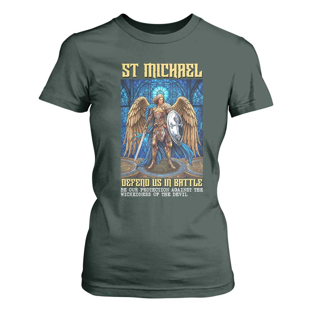 Saint Michael Prayer Defend Us In Battle T Shirt For Women Religious Gift TS12 Dark Forest Green Print Your Wear