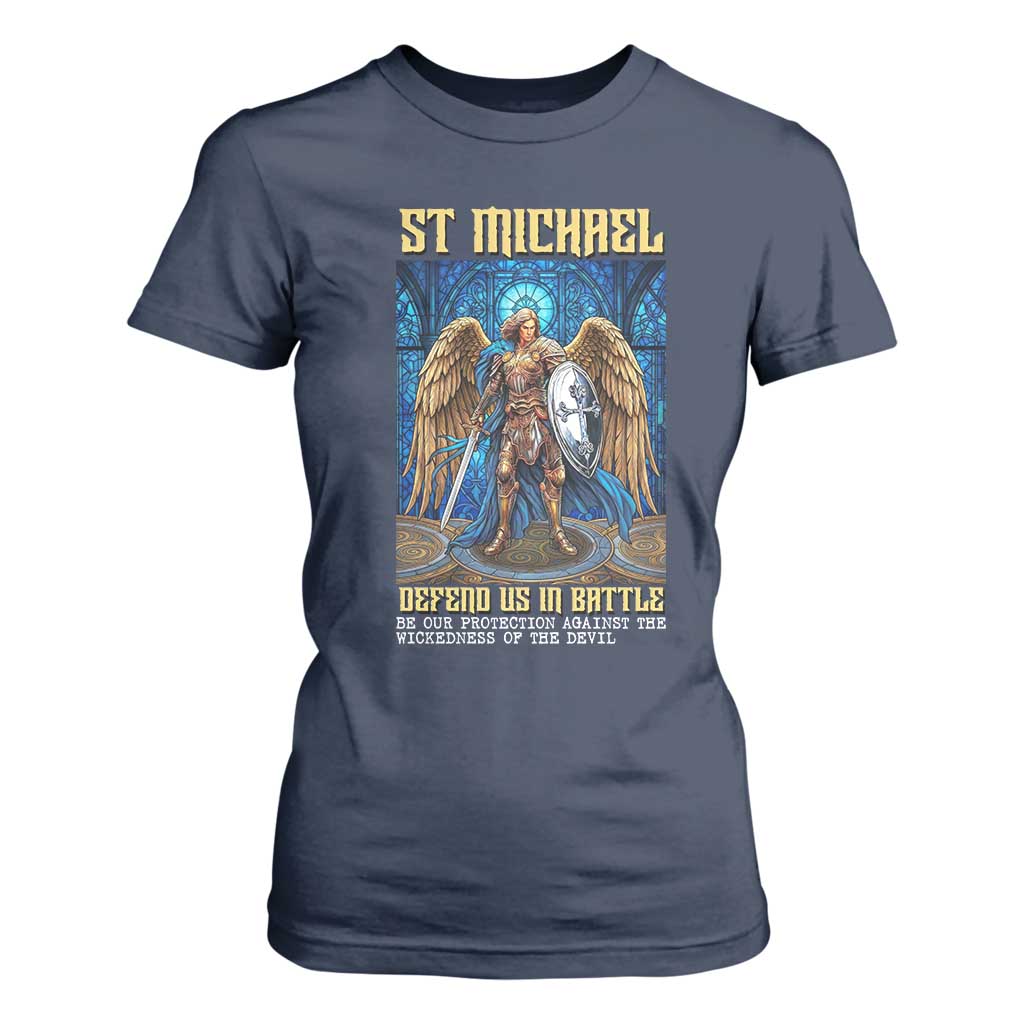Saint Michael Prayer Defend Us In Battle T Shirt For Women Religious Gift TS12 Navy Print Your Wear
