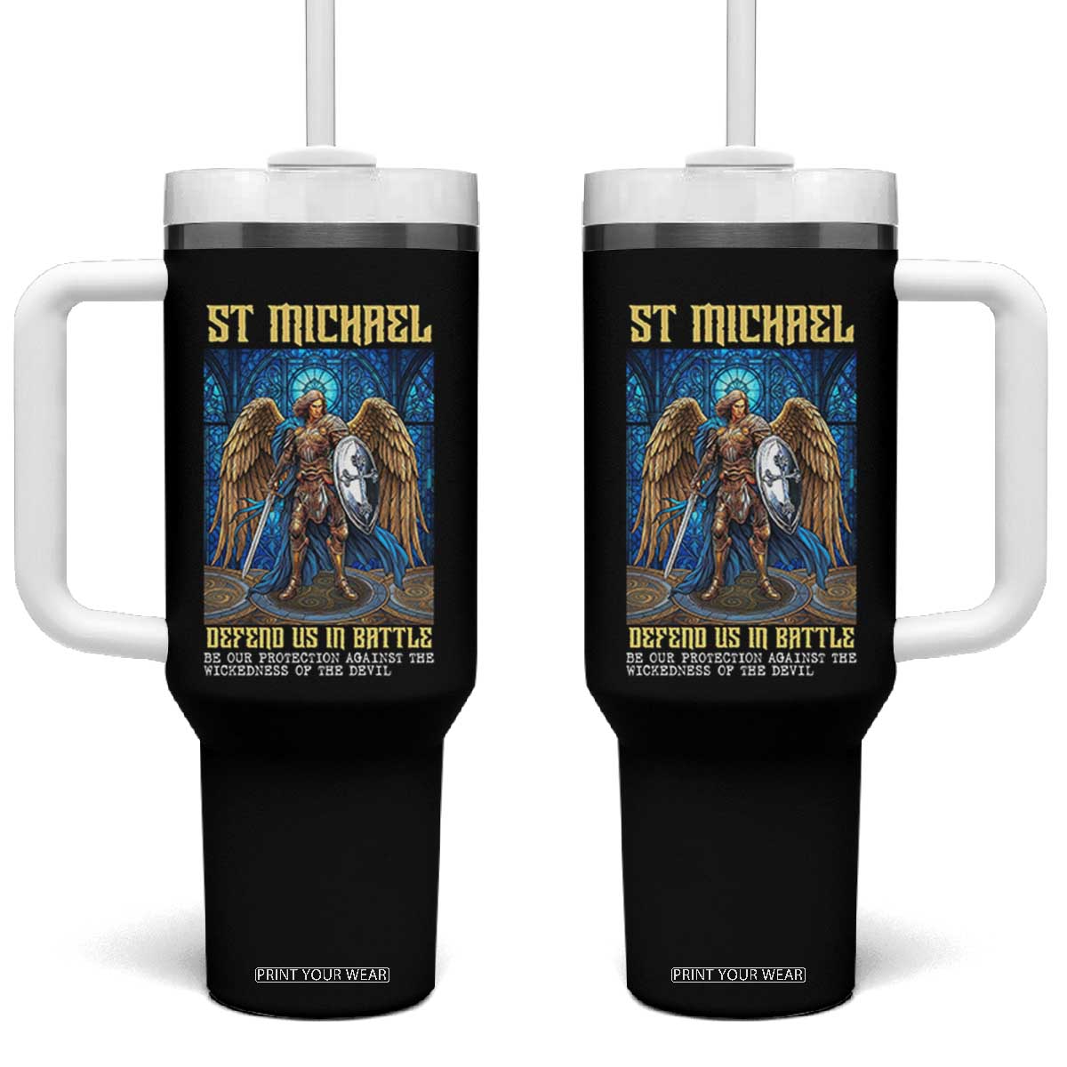 Saint Michael Prayer Defend Us In Battle Tumbler With Handle Religious Gift TS12 One Size: 40 oz Black Print Your Wear