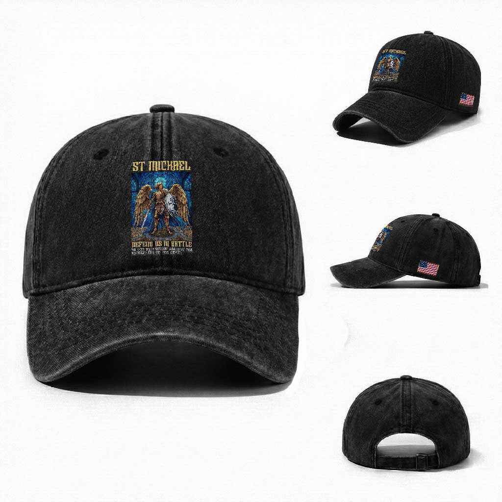 Saint Michael Prayer Defend Us In Battle Washed Cotton Baseball Cap Religious Gift TS12 Washed Cap Universal Fit Black Print Your Wear