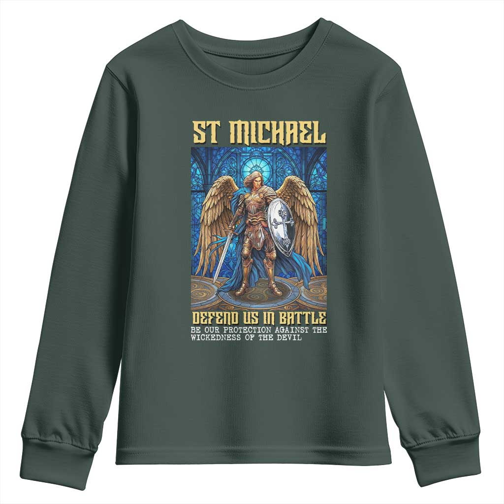 Saint Michael Prayer Defend Us In Battle Youth Sweatshirt Religious Gift TS12 Dark Forest Green Print Your Wear