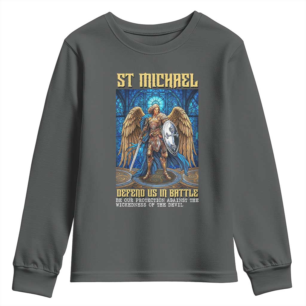 Saint Michael Prayer Defend Us In Battle Youth Sweatshirt Religious Gift TS12 Dark Heather Print Your Wear