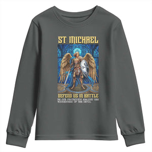 Saint Michael Prayer Defend Us In Battle Youth Sweatshirt Religious Gift TS12 Dark Heather Print Your Wear
