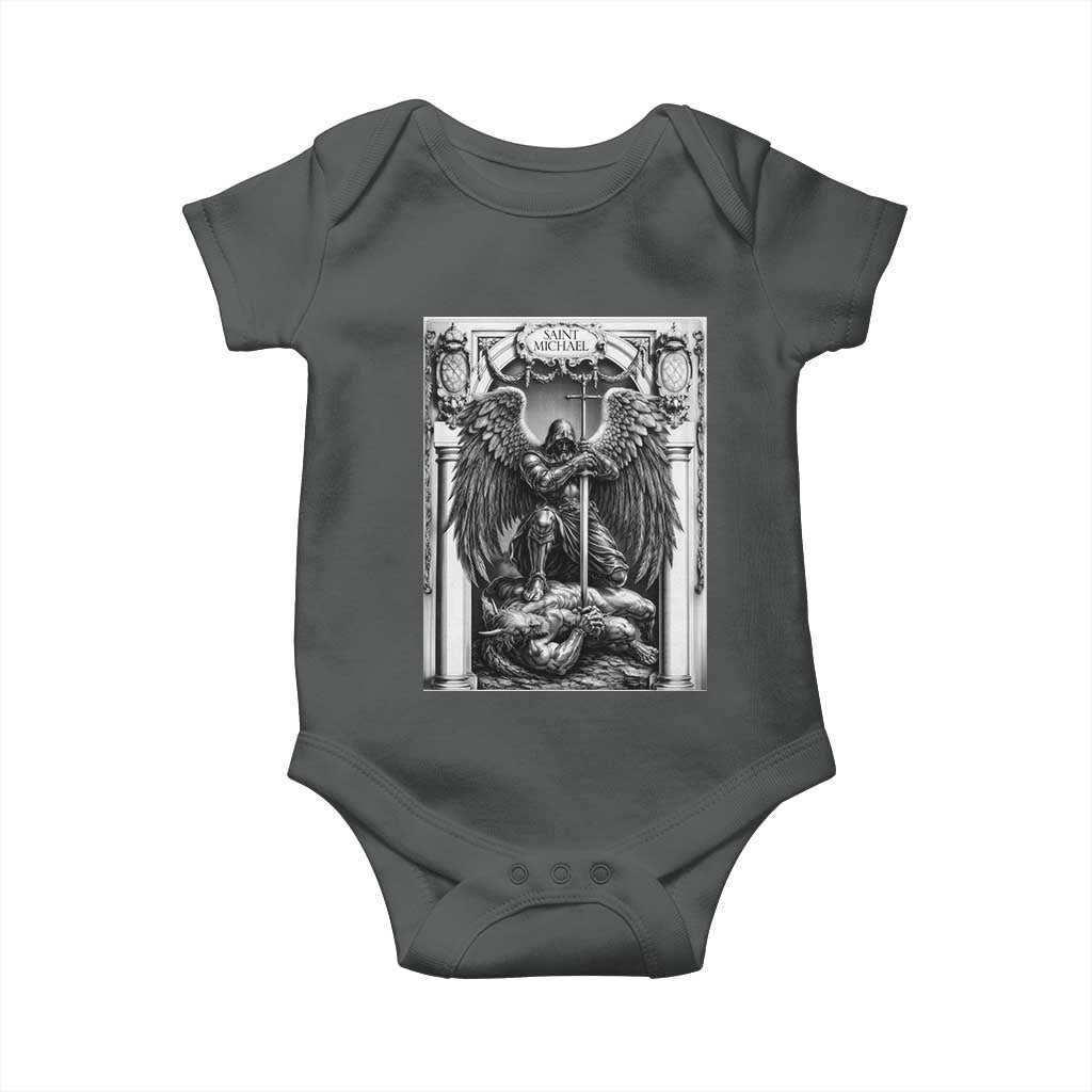 Saint Michael The Archangel Defeating Satan Baby Onesie Christian Faith Gift TS12 Dark Heather Print Your Wear
