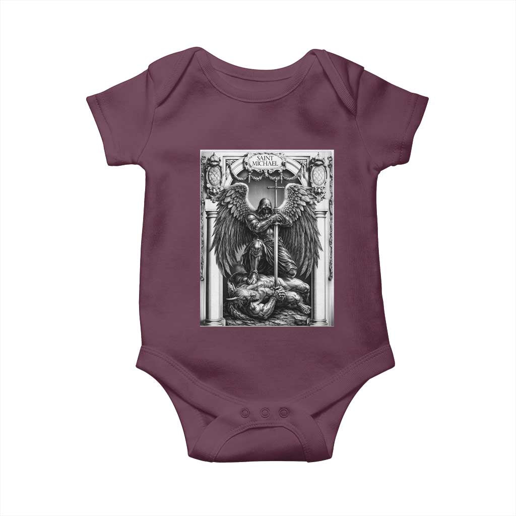 Saint Michael The Archangel Defeating Satan Baby Onesie Christian Faith Gift TS12 Maroon Print Your Wear