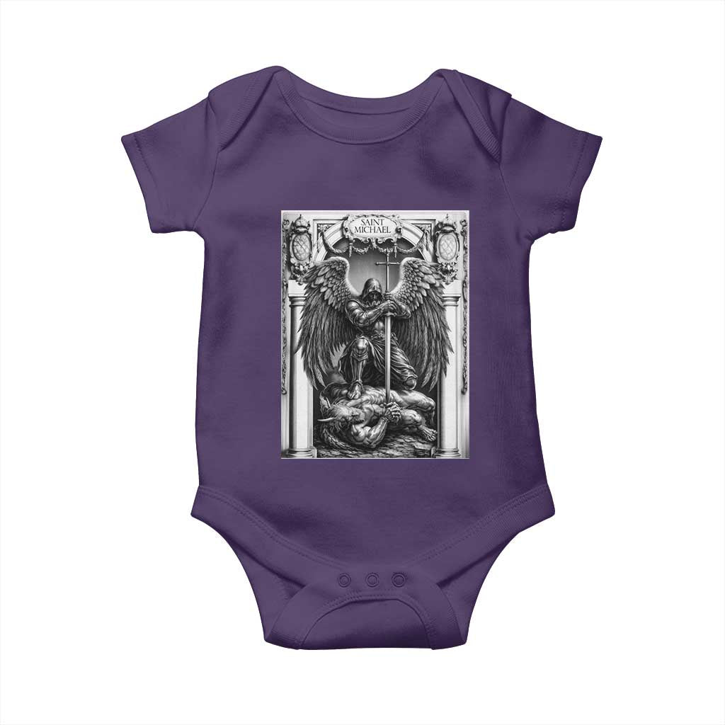 Saint Michael The Archangel Defeating Satan Baby Onesie Christian Faith Gift TS12 Purple Print Your Wear