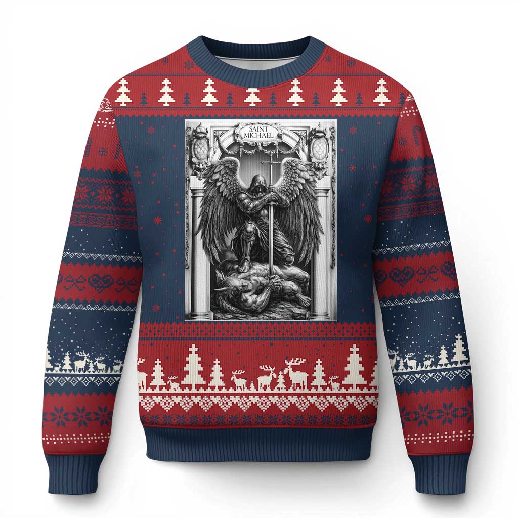 Saint Michael The Archangel Defeating Satan Ugly Christmas Sweater Christian Faith Gift TS12 Navy Red Print Your Wear