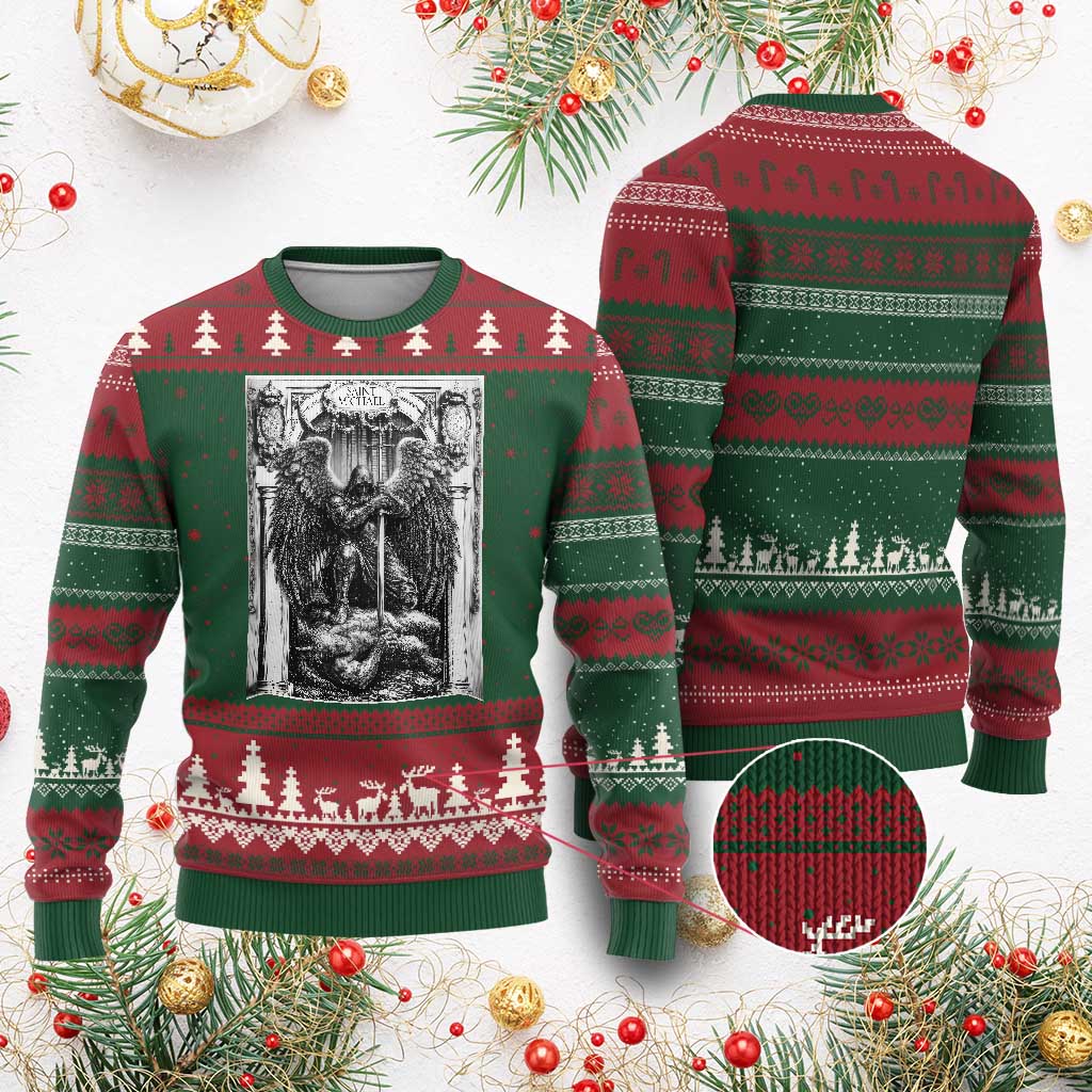 Saint Michael The Archangel Defeating Satan Ugly Christmas Sweater Christian Faith Gift TS12 Red Green Print Your Wear