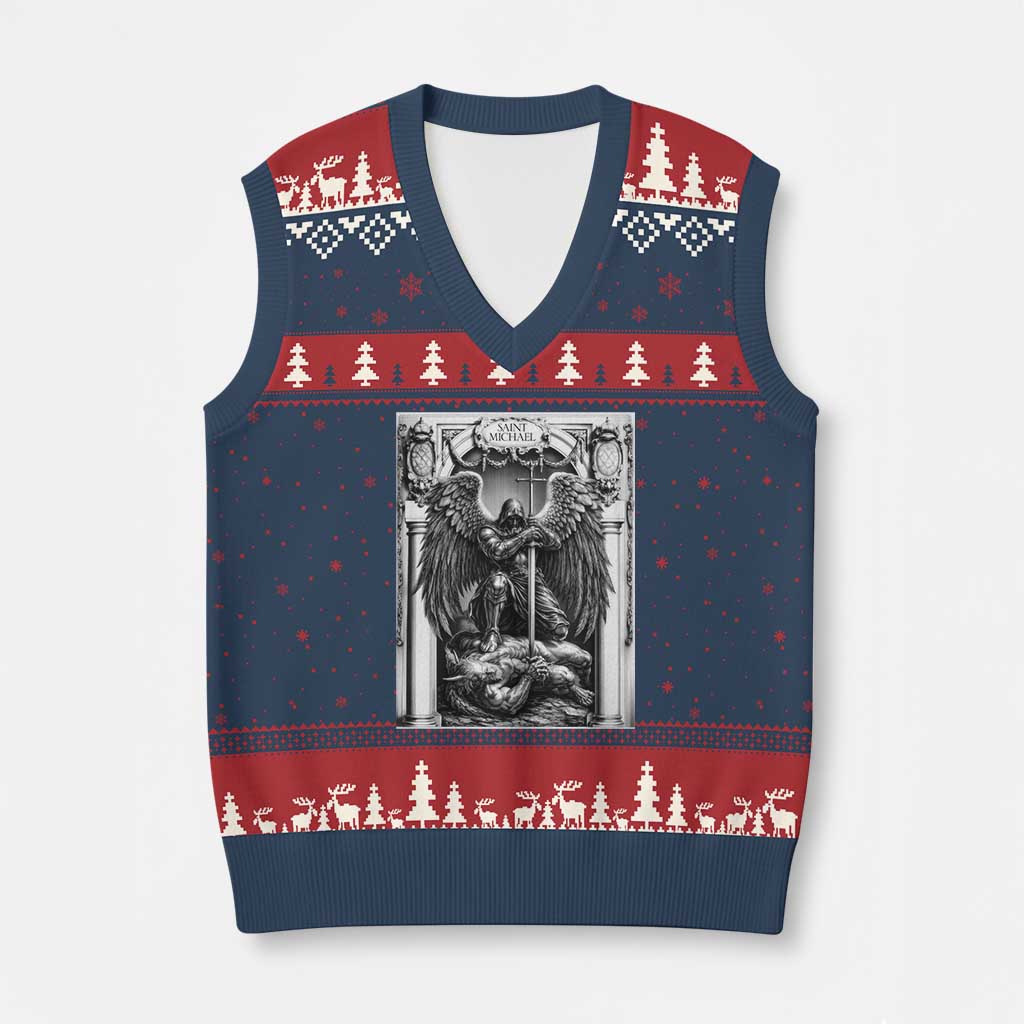 Saint Michael The Archangel Defeating Satan V-Neck Knit Sweater Vest Christian Faith Gift TS12 Navy Red Print Your Wear