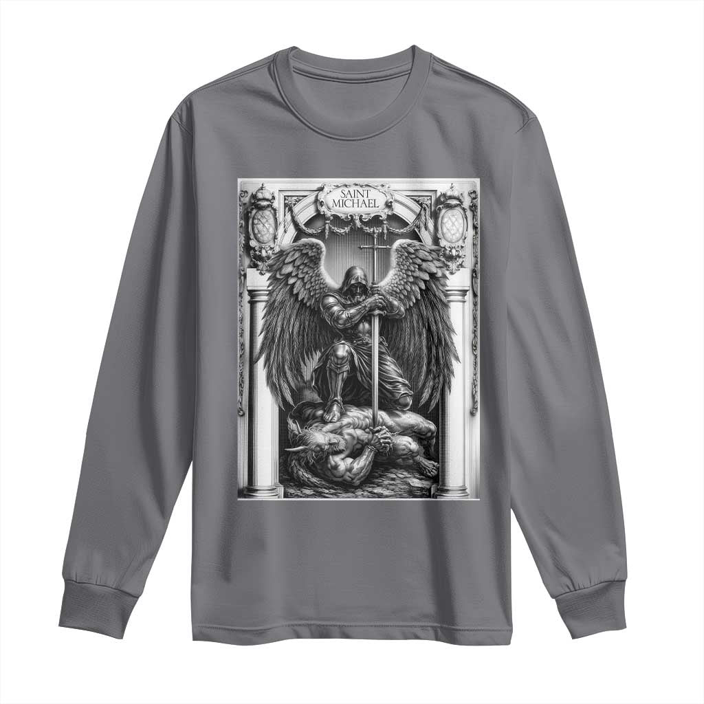 Saint Michael The Archangel Defeating Satan Long Sleeve Shirt Christian Faith Gift TS12 Charcoal Print Your Wear