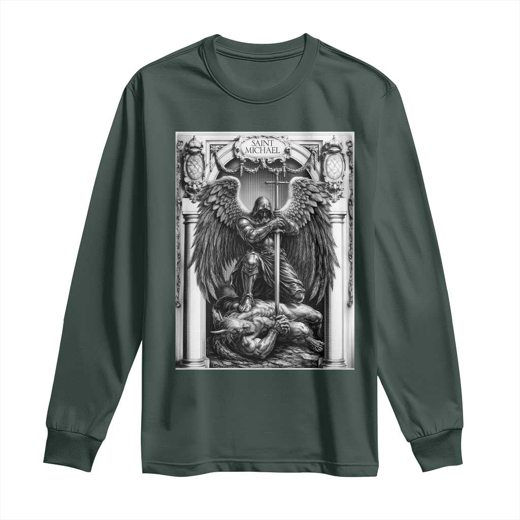 Saint Michael The Archangel Defeating Satan Long Sleeve Shirt Christian Faith Gift TS12 Dark Forest Green Print Your Wear