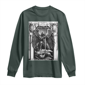 Saint Michael The Archangel Defeating Satan Long Sleeve Shirt Christian Faith Gift TS12 Dark Forest Green Print Your Wear