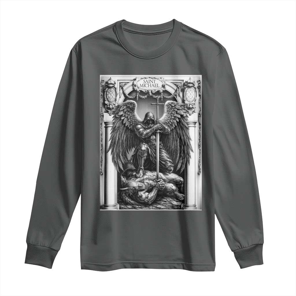 Saint Michael The Archangel Defeating Satan Long Sleeve Shirt Christian Faith Gift TS12 Dark Heather Print Your Wear