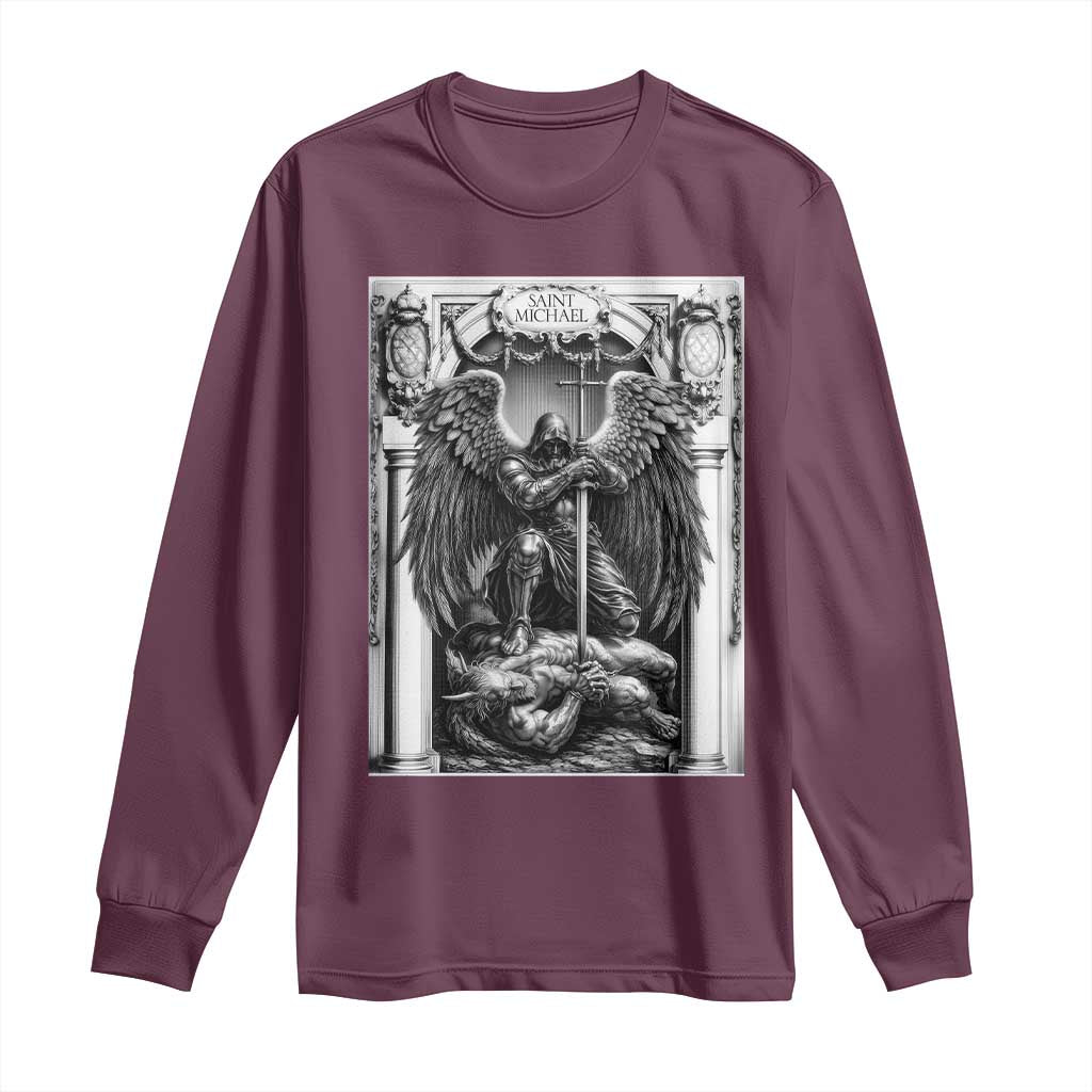 Saint Michael The Archangel Defeating Satan Long Sleeve Shirt Christian Faith Gift TS12 Maroon Print Your Wear