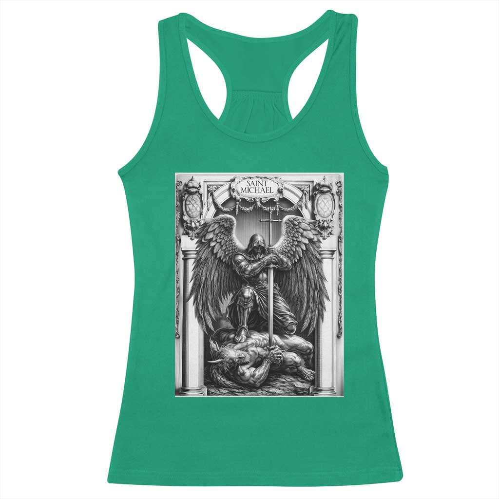Saint Michael The Archangel Defeating Satan Racerback Tank Top Christian Faith Gift TS12 Irish Green Print Your Wear