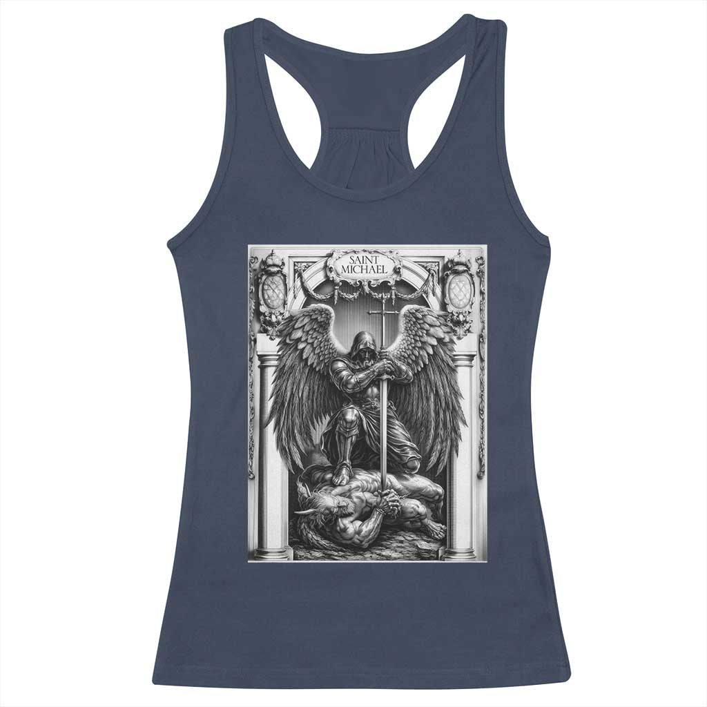 Saint Michael The Archangel Defeating Satan Racerback Tank Top Christian Faith Gift TS12 Navy Print Your Wear