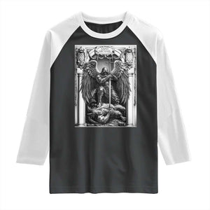 Saint Michael The Archangel Defeating Satan Raglan Shirt Christian Faith Gift TS12 Black White Print Your Wear