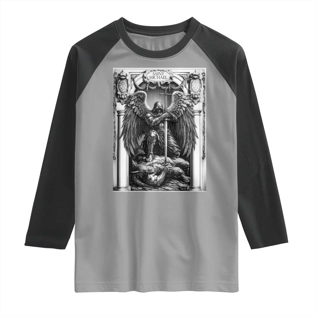 Saint Michael The Archangel Defeating Satan Raglan Shirt Christian Faith Gift TS12 Sport Gray Black Print Your Wear