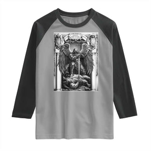 Saint Michael The Archangel Defeating Satan Raglan Shirt Christian Faith Gift TS12 Sport Gray Black Print Your Wear
