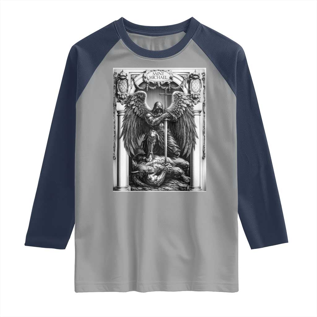 Saint Michael The Archangel Defeating Satan Raglan Shirt Christian Faith Gift TS12 Sport Gray Navy Print Your Wear