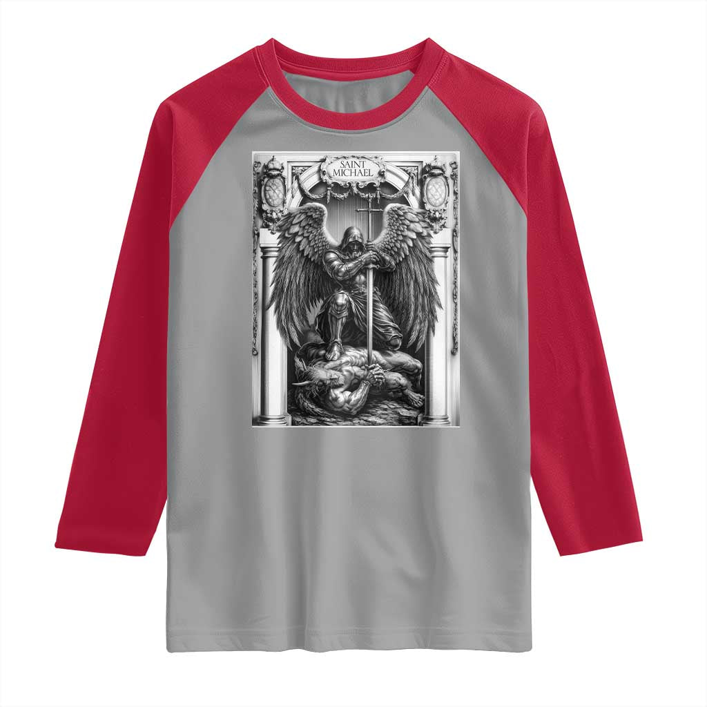 Saint Michael The Archangel Defeating Satan Raglan Shirt Christian Faith Gift TS12 Sport Gray Red Print Your Wear