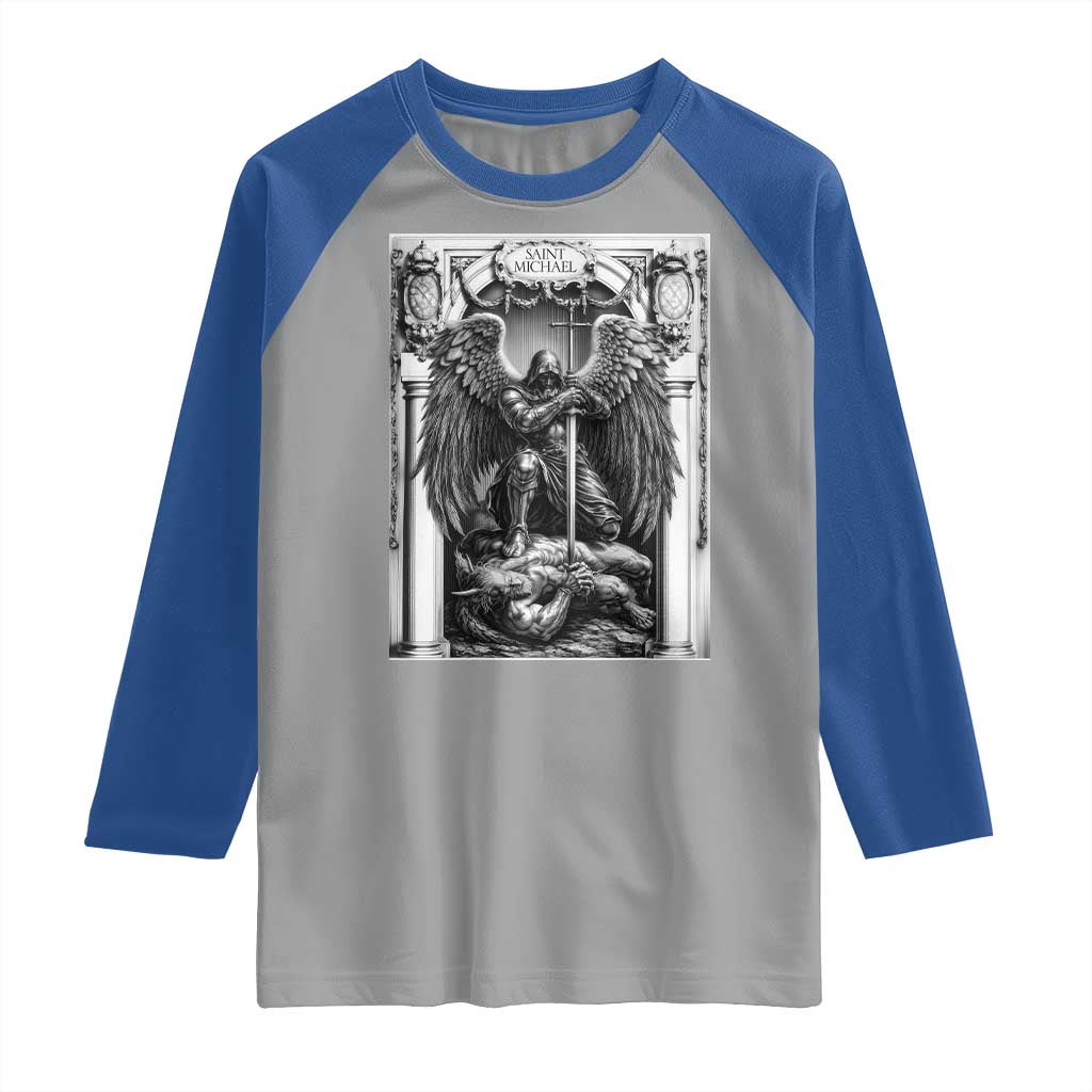 Saint Michael The Archangel Defeating Satan Raglan Shirt Christian Faith Gift TS12 Sport Gray Royal Print Your Wear